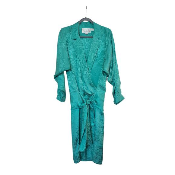 Vintage Dynasty Green 100% Silk Blouson Tie Waist Satin Retro Mini Dress, Size 8 - Picture 1 of 12